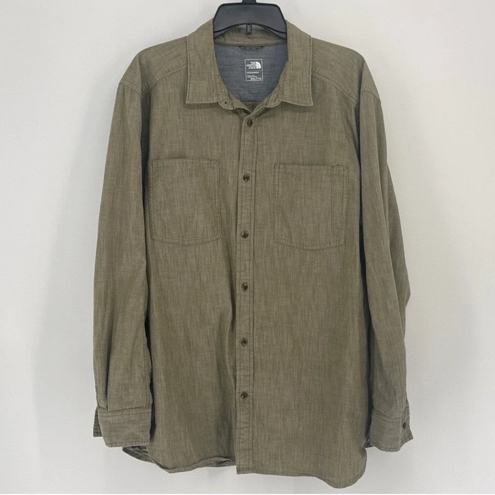 The North Face Mens Button Down Shirt XXL Green Long Sleeve Cotton Blend Pocket